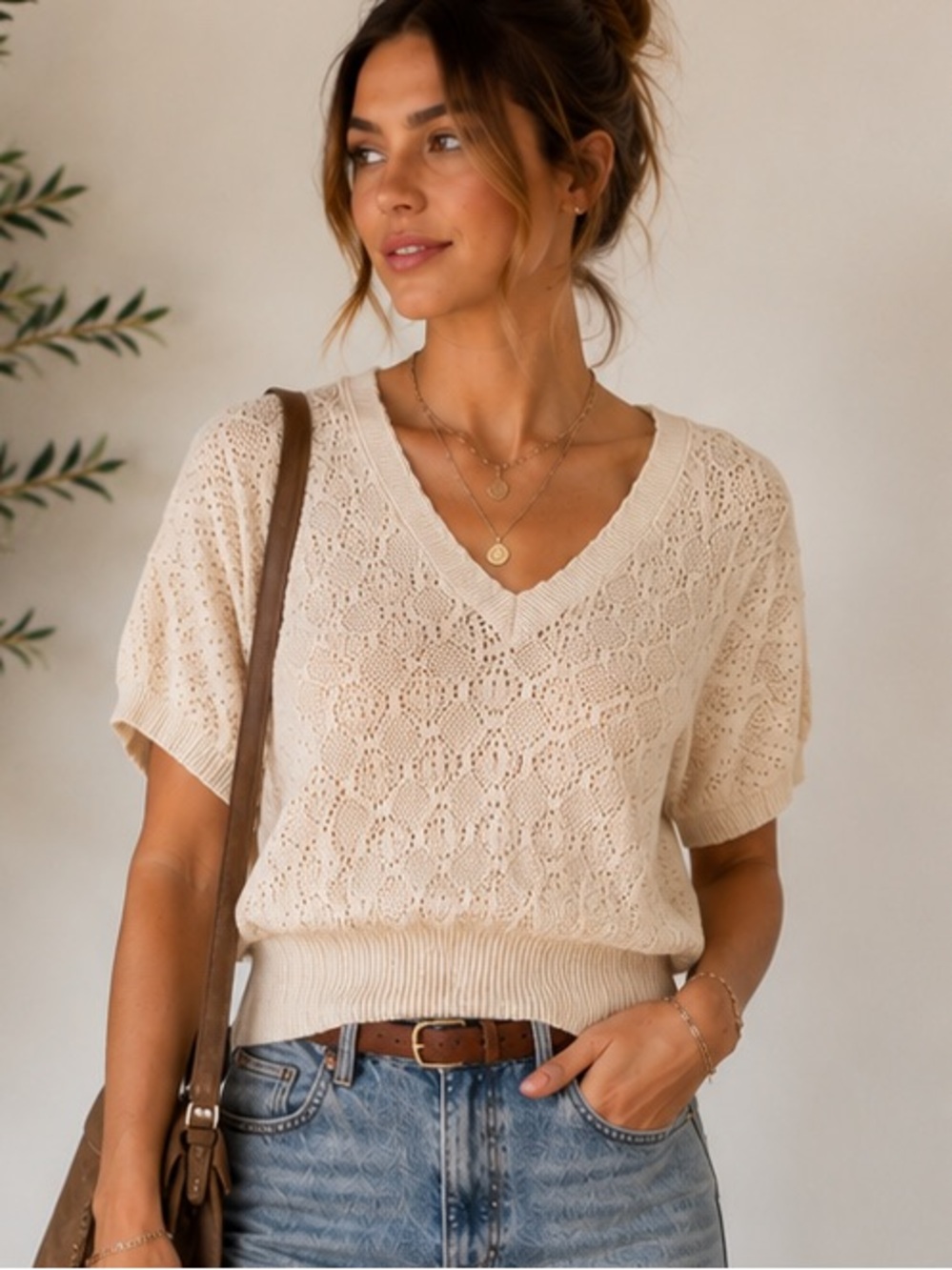 Vintage Garland Brand Sweater V Neck Cropped Lightweight Lacey Like Knit Small